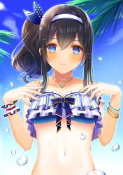 Rule 34 | 1girl, bare shoulders, bikini, black hair, blue bikini, blue eyes, blue nails, blue ribbon, blue sky, blush, bracelet, collarbone, commentary request, day, earrings, hair ribbon, hairband, hanazono rinko, heart, heart necklace, highres, idolmaster, idolmaster cinderella girls, idolmaster cinderella girls starlight stage, jewelry, long hair, looking at viewer, nail polish, navel, necklace, palm tree, ribbon, sagisawa fumika, scrunchie, side ponytail, sky, smile, solo, strapless, strapless bikini, swimsuit, tree, water, water drop, white hairband, wrist scrunchie