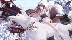 Rule 34 | 1girl, absurdres, animal ears, breasts, brown eyes, brown fur, brown hair, cleavage, day, fox, fox ears, fox tail, foxplushy, highres, house, indie virtual youtuber, japanese clothes, kimono, large breasts, miraymoon, multiple tails, outdoors, sash, sitting on animal, snow, tail, tree, virtual youtuber, white fur, white kimono