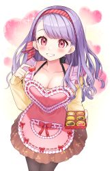 Rule 34 | 1girl, apron, box, box of chocolates, breasts, brown pantyhose, brown skirt, chocolate, cleavage, cowboy shot, food, grin, hairband, heart apron, holding, holding chocolate, holding food, konogi nogi, large breasts, long hair, long sleeves, looking at viewer, original, pantyhose, pink apron, pink eyes, purple hair, red hairband, skirt, smile, solo