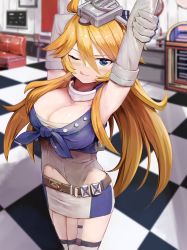 Rule 34 | 1girl, :q, ahoge, arms up, blonde hair, blue eyes, blush, breasts, checkered floor, couch, elbow gloves, front-tie top, garter straps, gloves, hair between eyes, headgear, highres, honmakaina kudou, indoors, iowa (kancolle), jukebox, kantai collection, large breasts, long hair, looking at viewer, one eye closed, skirt, sleeveless, solo, tongue, tongue out