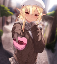 Rule 34 | 1girl, backlighting, bad id, bad pixiv id, beret, blurry, blurry background, blush, box, breath, brown cardigan, cait aron, cardigan, closed mouth, commentary request, cowboy shot, dark-skinned female, dark elf, dark skin, day, depth of field, elf, grey scarf, grey skirt, hand on own chest, hat, heart-shaped box, hololive, looking at viewer, outdoors, outstretched arm, plaid, plaid scarf, plaid skirt, pleated skirt, pointy ears, pov, red eyes, scarf, shiranui flare, skirt, smile, solo, valentine, virtual youtuber, white hat