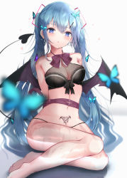 1girl, absurdres, barefoot, blue eyes, blue hair, breasts, bug, butterfly, demon tail, demon wings, earrings, hair ornament, hairclip, hatsune miku, highres, insect, jewelry, kazanock, long hair, medium breasts, no pants, pubic tattoo, sitting, solo, tail, tattoo, twintails, very long hair, vocaloid, wings
