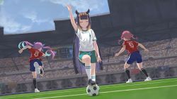 Rule 34 | 3girls, ball, black hair, blunt bangs, closed eyes, closed mouth, commentary request, gradient hair, heaven&#039;s time, highres, hololive, hololive english, houshou marine, inazuma eleven (series), index finger raised, jersey, laing, long hair, minato aqua, multicolored hair, multiple girls, ninomae ina&#039;nis, orange hair, parody, pointing, pointing up, purple hair, short sleeves, shorts, sidelocks, smile, soccer, soccer ball, soccer field, soccer uniform, sportswear, stadium, tentacle hair, very long hair, virtual youtuber