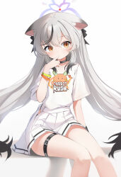 Rule 34 | 1girl, absurdres, alternate costume, animal ear fluff, animal ears, black choker, black wristband, blue archive, bracelet, choker, cocokawa (cjsj8353), collarbone, commentary request, cosplay, english text, finger to mouth, grey hair, hair between eyes, halo, highres, jewelry, kazusa (band) (blue archive), kazusa (blue archive), kazusa (blue archive) (cosplay), kokona (blue archive), long hair, looking at viewer, low twintails, multicolored hair, pleated skirt, print shirt, shirt, short sleeves, sidelocks, simple background, sitting, skirt, solo, streaked hair, t-shirt, thigh strap, tiger ears, tiger girl, twintails, two-tone hair, white background, white shirt, white skirt