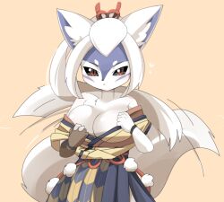Rule 34 | 1girl, animal ears, black sclera, blush, breasts, brown background, cleavage, closed mouth, colored sclera, commentary request, cowboy shot, expressionless, furry, furry female, grey skirt, hair ribbon, hakurou (onmyoji), high ponytail, japanese clothes, kimono, large breasts, lets0020, long hair, looking at viewer, off shoulder, onmyoji, red eyes, red ribbon, ribbon, simple background, skirt, slit pupils, solo, tail, tail wagging, white hair, wolf ears, wolf girl, wolf tail, yagasuri, yellow kimono