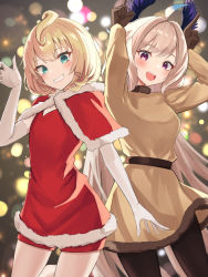 Rule 34 | 2girls, absurdres, ahoge, bike shorts, blonde hair, blurry, blurry background, blush, bob cut, breasts, brown dress, brown gloves, brown legwear, capelet, christmas, commentary, dress, elbow gloves, english commentary, enna alouette, flat chest, fur trim, gloves, green eyes, grin, hair ornament, hairclip, head wings, highres, horns pose, lens flare, long hair, long sleeves, looking at viewer, millie parfait, multiple girls, nijisanji, nijisanji en, open mouth, pantyhose, purple eyes, purple wings, red capelet, red dress, santa costume, santa dress, short hair, small breasts, smile, takechi49, virtual youtuber, white gloves, wings
