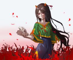 Rule 34 | 1girl, absurdres, animal skull, black hair, blood, blood on clothes, blood on face, blue pants, chinese commentary, closed mouth, commentary request, cone horns, green shirt, highres, holding, holding skull, horns, long hair, nippaku zanmu, pale skin, pants, red eyes, ribbon-trimmed shirt, ribbon-trimmed sleeves, ribbon trim, shirt, short sleeves, sketch, skull, solo, touhou, voyager13, wide sleeves, yellow horns, yellow trim