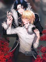 Rule 34 | 2boys, black hair, black jacket, bug, chain, chrollo lucilfer, closed mouth, commentary, commission, cross, earrings, english commentary, fingernails, flower, forehead tattoo, hands up, height difference, highres, hunter x hunter, jacket, jewelry, kurapika, lavelis, long sleeves, male focus, multiple boys, multiple rings, parted lips, red eyes, red flower, red rose, rose, shirt, silk, smile, spider, spider web, twitter username, white shirt