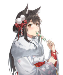 Rule 34 | 1girl, alternate costume, animal ear fluff, animal ears, black hair, blush, bow, brown eyes, character request, copyright request, dango, feather boa, floral print, food, hair between eyes, hair bow, hair rings, hand up, highres, holding, holding food, japanese clothes, kimono, long hair, long sleeves, looking at viewer, parted lips, pom pom (clothes), qianjingya, red bow, red sash, sanshoku dango, sash, sidelocks, simple background, solo, upper body, wagashi, white background, white kimono, wide sleeves, wolf ears