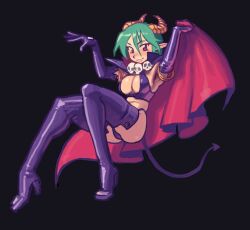 Rule 34 | boots, breasts, carrera, cloak, demon horns, demon tail, elbow gloves, gloves, green hair, high heel boots, high heels, highres, horns, jewelry, medium breasts, necklace, piku184, pointy ears, purple footwear, purple gloves, red eyes, skull necklace, tail, viper gts