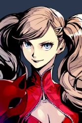 Rule 34 | 10s, 1girl, atlus, blonde hair, blue background, blue eyes, breasts, cat mask, cleavage, closed mouth, hair ornament, hairclip, hungry clicker, jacket, long hair, looking at viewer, mask, unworn mask, persona, persona 5, red jacket, sega, simple background, smile, solo, takamaki anne, twintails, upper body, zipper