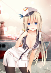 Rule 34 | 1girl, absurdres, aiguillette, black pantyhose, blonde hair, blue eyes, blush, breasts, cleavage, epaulettes, hand on own thigh, hat, highres, jyt, large breasts, lexington (warship girls r), long hair, military, military uniform, pantyhose, peaked cap, pointing, pointing at self, skirt, solo, uniform, uss lexington (cv-2), warship girls r