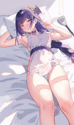 Rule 34 | 1girl, absurdres, apron, armpits, arms up, bare legs, bed sheet, blunt bangs, blush, braid, duzizai, feet out of frame, flower, genshin impact, hair flower, hair ornament, highres, ladle, long hair, looking at viewer, lying, nearly naked apron, on back, on bed, panties, parted lips, purple eyes, purple flower, purple hair, raiden shogun, single braid, smile, solo, thigh gap, thighs, underwear, very long hair, white apron, white panties