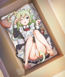 Rule 34 | 1girl, absurdres, animal ears, apron, aqua eyes, ascot, barefoot, black dress, box, cat ears, cat girl, cat tail, collared shirt, dress, feet, female focus, full body, green hair, hair between eyes, highres, in box, in container, legs, long hair, looking at viewer, lying, maid, maid apron, maid headdress, on back, one eye closed, original, panties, pillow, red ascot, shirt, solo, tail, thighs, underwear, white apron, white panties, white shirt, xiamu xunxi