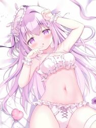 Rule 34 | 1girl, arm up, azumi kazuki, bed sheet, bikini, blush, breasts, center frills, cleavage, commentary request, criss-cross halter, frilled bikini, frills, hair between eyes, hair ribbon, halterneck, hand up, long hair, looking at viewer, lying, mask, mask on head, on back, original, parted lips, purple eyes, purple hair, ribbon, sleep mask, small breasts, solo, swimsuit, two side up, very long hair, white ribbon, wrist cuffs