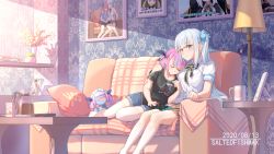 Rule 34 | 2girls, artist name, casual, couch, creatures (company), cup, dated, drill hair, game freak, gen 2 pokemon, heterochromia, highres, hololive, kagura gumi, kagura mea, looking at viewer, minato aqua, multiple girls, nail polish, nintendo, photo (object), pokemon, pokemon (creature), resting, silver hair, thighhighs, twin drills, twintails, virtual youtuber, white background, wooper