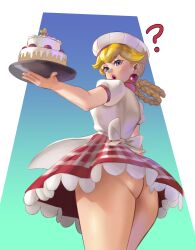 Rule 34 | 1girl, ass, bad tag, bare arms, blonde hair, blue eyes, bottomless, braid, buglewdy, female focus, food, hair rings, hat, highres, looking at viewer, looking back, mario (series), nintendo, open mouth, patissiere peach, princess peach, princess peach: showtime!, self-upload, solo, super star (mario), upskirt