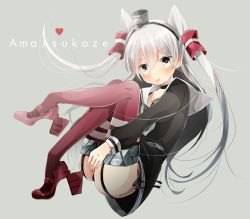 Rule 34 | &gt;:&lt;, 10s, 1girl, :&lt;, amatsukaze (kancolle), bad feet, bad id, bad pixiv id, black dress, black panties, blush, brown eyes, character name, choker, closed mouth, dress, fetal position, full body, garter straps, grey background, hair tubes, headgear, high heels, highres, kantai collection, long hair, long sleeves, looking at viewer, neckerchief, panties, plantar flexion, red footwear, red thighhighs, sailor collar, sailor dress, shika (isk mjkss), shoes, side-tie panties, silver hair, simple background, solo, striped clothes, striped thighhighs, thighhighs, two side up, underwear, v-shaped eyebrows