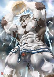 Rule 34 | 1boy, abs, animal ears, bara, body hair, bulge, censored, dog boy, facial hair, flaccid, furry, furry male, grey hair, highres, horkeu kamui, large pectorals, male focus, manly, mosaic censoring, multicolored hair, muscular, naked towel, navel, nipples, pectorals, penis, penis peek, revealing clothes, rossciaco, short hair, showering, solo, testicles, thick thighs, thighs, tokyo houkago summoners, topless male, towel, upper body, washing, water, wet