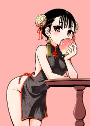 Rule 34 | 1girl, ass, bare shoulders, black hair, breasts, commentary request, dojirou, double bun, earrings, eating, food, fruit, highres, jewelry, looking at viewer, open mouth, original, peach, pink background, red eyes, simple background, solo, table, teeth