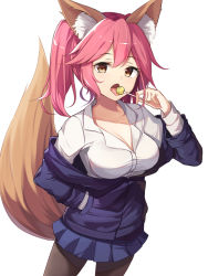 Rule 34 | 1girl, absurdres, animal ear fluff, animal ears, black legwear, blazer, blouse, breasts, candy, cleavage, collarbone, fate/grand order, fate (series), food, food in mouth, fox ears, fox girl, fox tail, highres, holding, holding candy, holding food, holding lollipop, jacket, large breasts, lollipop, long hair, looking at viewer, pink hair, shirt, simple background, skirt, solo, tail, tamamo (fate), tamamo no mae (fate/extra), tongue, tongue out, twintails, white background, yellow eyes, ziro (zirorong)