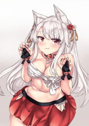 Rule 34 | 1girl, :3, azur lane, bare shoulders, blush, breasts, bridal gauntlets, cleavage, closed mouth, collar, commentary request, fingernails, flower, gradient background, grey background, groin, hair between eyes, hair flower, hair ornament, highres, long fingernails, long hair, looking at viewer, medium breasts, nail polish, navel, panties, pleated skirt, red collar, red eyes, red flower, red nails, red skirt, sarashi, setu (shining12), sharp fingernails, side-tie panties, silver hair, skirt, smile, solo, thick eyebrows, underwear, very long hair, white background, white flower, white panties, yuudachi (azur lane), yuudachi (shogun of snowballs) (azur lane)
