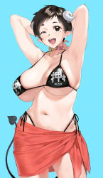 Rule 34 | 1girl, armpits, arms behind back, arms up, bikini, black bikini, black eyes, black hair, blue background, blush, breasts, collar, commentary request, conto, cowboy shot, curled horns, dera (conto), earrings, heart, high-waist bikini, highres, horns, huge breasts, jewelry, looking at viewer, mole, mole under eye, navel, one eye closed, open mouth, original, pink collar, pointy ears, short hair, side-tie bikini bottom, simple background, skindentation, solo, standing, stomach, swimsuit, tail, towel around waist