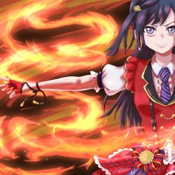 Rule 34 | 1girl, artist name, artist request, black hair, black skirt, blue hair, blue ribbon, blush, breasts, chase (love live!), collared shirt, dark blue hair, diamond earrings, dress shirt, earrings, female focus, fingerless gloves, fire, gloves, grey eyes, hair ornament, hairclip, half gloves, hat, highres, jewelry, layered skirt, long hair, looking at viewer, love live!, love live! nijigasaki high school idol club, love live! school idol festival, medium breasts, mini hat, mini top hat, miniskirt, necktie, outstretched arm, parted lips, plaid, plaid skirt, pleated, pleated skirt, ponytail, puffy short sleeves, puffy sleeves, purple neckwear, red gloves, red hat, red shirt, red skirt, red vest, ribbon, shirt, short sleeves, side ponytail, skirt, smile, solo, sparkle print, suspender skirt, suspenders, top hat, triangle earrings, v-shaped eyebrows, vest, white shirt, wing collar, yuki setsuna (love live!)