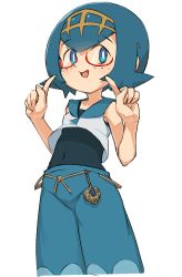 Rule 34 | 1girl, :d, bare arms, bare shoulders, bespectacled, black one-piece swimsuit, blue eyes, blue hair, blue pants, blue sailor collar, breasts, bright pupils, brown hairband, covered navel, creatures (company), crop top, eyebrows, game freak, glasses, hairband, hands up, highres, index finger raised, lana (pokemon), nintendo, nyonn24, one-piece swimsuit, open mouth, pants, pointing, pointing at self, pokemon, pokemon sm, red-framed eyewear, sailor collar, semi-rimless eyewear, shirt, short hair, simple background, sleeveless, sleeveless shirt, small breasts, smile, solo, swimsuit, swimsuit under clothes, tareme, tongue, trial captain, under-rim eyewear, white background, white pupils, white shirt