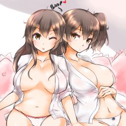 Rule 34 | 10s, 2girls, akagi (kancolle), alternate costume, arm support, arms at sides, breasts, brown eyes, brown hair, geckolion, hair between eyes, hand on own chest, kaga (kancolle), kantai collection, large breasts, long hair, looking at viewer, multiple girls, no bra, one eye closed, open clothes, open shirt, panties, puffy short sleeves, puffy sleeves, shirt, short sleeves, side ponytail, sketch, thighs, underwear, white panties
