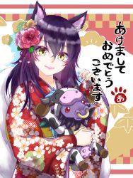 Rule 34 | 1girl, ahri (league of legends), alistar (league of legends), animal costume, animal ear fluff, animal ears, aoi (kiyokiyoaomushi), blush, brown flower, chinese zodiac, closed mouth, commentary request, cow costume, floral print, flower, hair flower, hair ornament, hand up, highres, japanese clothes, kimono, league of legends, long hair, long sleeves, looking at viewer, nail polish, obi, pinching sleeves, pink flower, pink lips, print kimono, purple hair, purple nails, red flower, red kimono, sash, sleeves past wrists, smile, translation request, upper body, wide sleeves, year of the ox, yellow eyes