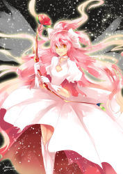 Rule 34 | 10s, 1girl, alternate costume, alternate hairstyle, bow, bow (weapon), dress, female focus, flower, gloves, hair bow, kaname madoka, long hair, magical girl, mahou shoujo madoka magica, mahou shoujo madoka magica (anime), megami madoka, miyawa natsuha, pink hair, rose, smile, solo, sparkle, spoilers, thighhighs, twintails, two side up, ultimate madoka, very long hair, weapon, white gloves, wings, yellow eyes