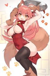 Rule 34 | 1girl, absurdres, animal ear fluff, animal ears, animal hands, armpits, arms up, bell, black thighhighs, blush, bow, breasts, china dress, chinese clothes, collar, dress, fate/extra, fate/grand order, fate (series), fox ears, fox girl, fox tail, gloves, hair between eyes, hair bow, highres, jingle bell, large breasts, long hair, looking at viewer, neck bell, open mouth, paw gloves, paw shoes, pink hair, ponytail, red bow, rottenweiler, shoes, sidelocks, smile, solo, tail, tamamo (fate), tamamo cat (fate), thighhighs, underboob, yellow eyes
