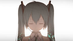 Rule 34 | 1girl, bare shoulders, closed eyes, closed mouth, collared shirt, double exposure, facing viewer, glowstick, gradient background, grey hair, grey shirt, hair between eyes, hatsune miku, highres, kieed, light smile, long hair, necktie, shirt, sleeveless, sleeveless shirt, solo, twintails, upper body, vocaloid
