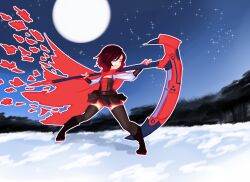 Rule 34 | 1girl, black footwear, black skirt, black thighhighs, boots, breasts, cape, cleavage, corset, crescent rose, drantyno, grey eyes, holding, long sleeves, moon, night, red cape, red hair, roosterteeth, ruby rose, rwby, scythe, short hair, skirt, sky, small breasts, smile, snow, sparkle, standing, star (sky), starry sky, thighhighs, torn cape, torn clothes