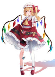 Rule 34 | 1girl, ascot, blonde hair, blush, candy, commentary, crystal, fang, flandre scarlet, food, frilled skirt, frilled sleeves, frills, full body, garter straps, hair between eyes, hat, highres, lollipop, long hair, mob cap, open mouth, red eyes, red footwear, red skirt, red vest, shoes, short sleeves, side ponytail, simple background, single thighhigh, skirt, smile, solo, symbol-only commentary, thighhighs, touhou, usushio, vest, white background, white hat, white thighhighs, wings, yellow ascot