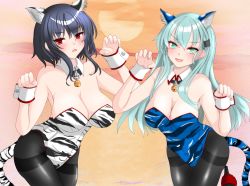 Rule 34 | 2girls, absurdres, animal ears, animal print, aqua eyes, aqua hair, black hair, blue leotard, breasts, cleavage, commentary request, cowboy shot, detached collar, hair ornament, hairclip, highres, kantai collection, kittysuit, large breasts, leotard, long hair, multiple girls, nitamako (sakamalh), nontraditional playboy bunny, pantyhose, paw pose, red eyes, short hair, strapless, strapless leotard, suzuya (kancolle), tail, takao (kancolle), thighband pantyhose, tiger ears, tiger print, tiger tail, white leotard, wrist cuffs
