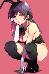 Rule 34 | 1girl, alternate costume, animal ears, black footwear, black thighhighs, breasts, cleavage, clenched teeth, duke (inu daimyou), elbow gloves, fake animal ears, gloves, green eyes, hair ornament, hair scrunchie, leotard, long hair, looking at viewer, love live!, love live! school idol project, low twintails, medium breasts, playboy bunny, purple hair, purple scrunchie, rabbit ears, red background, scrunchie, shoes, simple background, smile, solo, squatting, teeth, thighhighs, tojo nozomi, twintails, white gloves