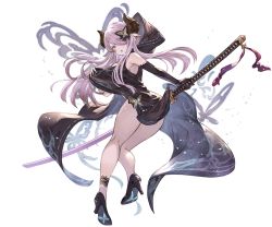 Rule 34 | 1girl, bare shoulders, blue eyes, breasts, bug, butterfly, butterfly hair ornament, draph, dress, elbow gloves, from behind, full body, gloves, granblue fantasy, hair ornament, hair over one eye, high heels, holding, holding sword, holding weapon, hood, horns, insect, long hair, looking at viewer, looking back, minaba hideo, narmaya (granblue fantasy), narmaya (the black butterfly) (granblue fantasy), official art, parted lips, pink hair, sleeveless, solo, sword, transparent background, weapon