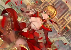 Rule 34 | 10s, 1girl, ahoge, blonde hair, breasts, cleavage, dress, fate/extra, fate (series), green eyes, large breasts, looking at viewer, nero claudius (fate), nero claudius (fate), nero claudius (fate/extra), open clothes, open mouth, smile, solo, walzrj