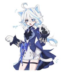 Rule 34 | 1girl, absurdres, ahoge, animal ears, animal hands, ascot, black ascot, blue eyes, blue hair, blue jacket, brooch, cat ears, cat tail, commentary, cowboy shot, furina (genshin impact), genshin impact, gloves, highres, hiji (hijichan), jacket, jewelry, kemonomimi mode, long hair, long sleeves, miniskirt, multicolored hair, no headwear, open mouth, paw gloves, short shorts, shorts, shorts under skirt, simple background, skirt, solo, standing, streaked hair, tail, thigh strap, thighs, very long hair, white background, white hair, white shorts, white skirt