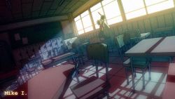 Rule 34 | 1boy, 1girl, animated, animated gif, blood, bloody knife, chair, classroom, guro, hatsune miku, kaito (vocaloid), knife, koi wa sensou (vocaloid), light, long hair, mike inel, room, school, twintails, very long hair, vocaloid, window, yandere