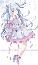 Rule 34 | 1girl, absurdres, bare shoulders, blue dress, blue eyes, blue hair, blue sleeves, blush, closed mouth, commentary, detached sleeves, dress, fishnet socks, fishnets, full body, fur trim, hair ornament, hair ribbon, highres, long hair, long sleeves, looking at viewer, original, puffy long sleeves, puffy sleeves, purple footwear, purple ribbon, ribbon, shoes, sleeveless, sleeveless dress, sleeves past wrists, socks, solo, symbol-only commentary, tsukiyo (skymint), two side up, very long hair, white background, x hair ornament