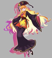 Rule 34 | 1girl, animal print, arms up, belt, bird print, black belt, black dress, black footwear, black hat, blonde hair, breasts, chinese clothes, colored inner hair, commentary request, crescent, crescent print, dated, dress, flying, full body, grey background, hair between eyes, hat, highres, junko (touhou), long hair, long sleeves, looking at viewer, mandarin collar, medium breasts, multicolored hair, neck ribbon, open mouth, orange hair, phoenix crown, phoenix print, pink eyes, pom pom (clothes), red ribbon, red tabard, ribbon, shadow, shikido (khf), shoes, signature, simple background, smile, solo, tabard, tassel, touhou, wavy hair, wide sleeves, yellow ribbon