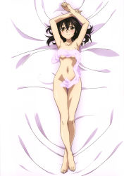 Rule 34 | 10s, 1girl, absurdres, armpits, arms up, barefoot, bed sheet, black hair, blush, breasts, brown eyes, cleavage, convenient censoring, covering privates, covering breasts, dakimakura (medium), feet, from above, full body, groin, hair between eyes, highres, himeragi yukina, long hair, looking at viewer, lying, medium breasts, navel, nude, official art, on back, pink towel, shiny skin, solo, strike the blood, toes, topless, towel, underboob