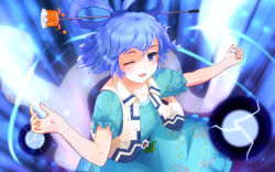 Rule 34 | 1girl, bad id, bad pixiv id, blue eyes, blue hair, collarbone, danmaku, dress, floral print, flower, hagoromo, hair ornament, hair rings, hair stick, kaku seiga, light trail, lightning, looking at viewer, matching hair/eyes, motomayo, open mouth, outstretched arms, shawl, short hair, short sleeves, solo, sparkle, touhou, vest, wink