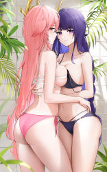 Rule 34 | 2girls, animal ears, ass, bare shoulders, bikini, blush, braid, breast press, breasts, collarbone, fox ears, genshin impact, hair between eyes, hair ornament, highres, large breasts, long hair, looking at viewer, low-braided long hair, low-tied long hair, mole, mole under eye, multiple girls, navel, pink hair, purple eyes, purple hair, qing wu, raiden shogun, side-tie bikini bottom, strap pull, swimsuit, symmetrical docking, thighs, very long hair, yae miko