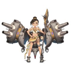 Rule 34 | 1girl, anchor, armband, bandeau, beads, black hair, brown eyes, brown hair, chain, cu (fsy84738368), earrings, full body, gold, hair bun, jewelry, looking at viewer, mecha musume, midriff, official art, personification, polearm, searchlight, single hair bun, spear, thai flag, thonburi (warship girls r), traditional clothes, transparent background, turret, warship girls r, weapon