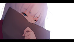Rule 34 | 1girl, blue eyes, covering own mouth, hand up, highres, hugging object, letterboxed, long hair, one eye closed, original, pillow, pillow hug, red shirt, shimmer, shirt, silver hair, solo, white background