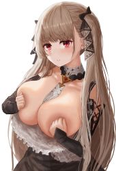 Rule 34 | 1girl, areola slip, azur lane, black dress, blonde hair, blunt bangs, blush, breast press, breasts, breasts out, collarbone, detached collar, detached sleeves, dress, formidable (azur lane), grin, hair ribbon, highres, hoshibudou, large areolae, large breasts, long hair, looking at viewer, no bra, parted lips, red eyes, ribbon, simple background, smile, solo, twintails, upper body, white background